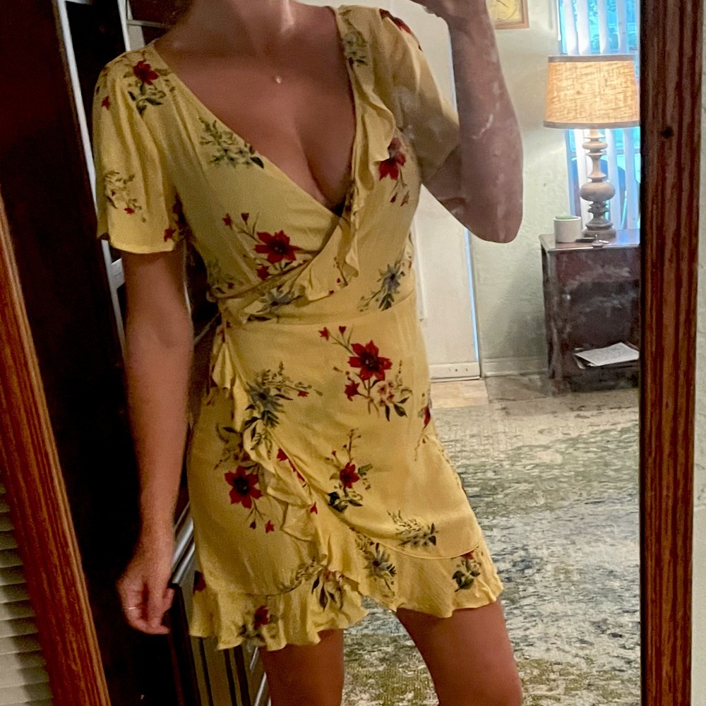 LA hearts yellow floral wrap dress
